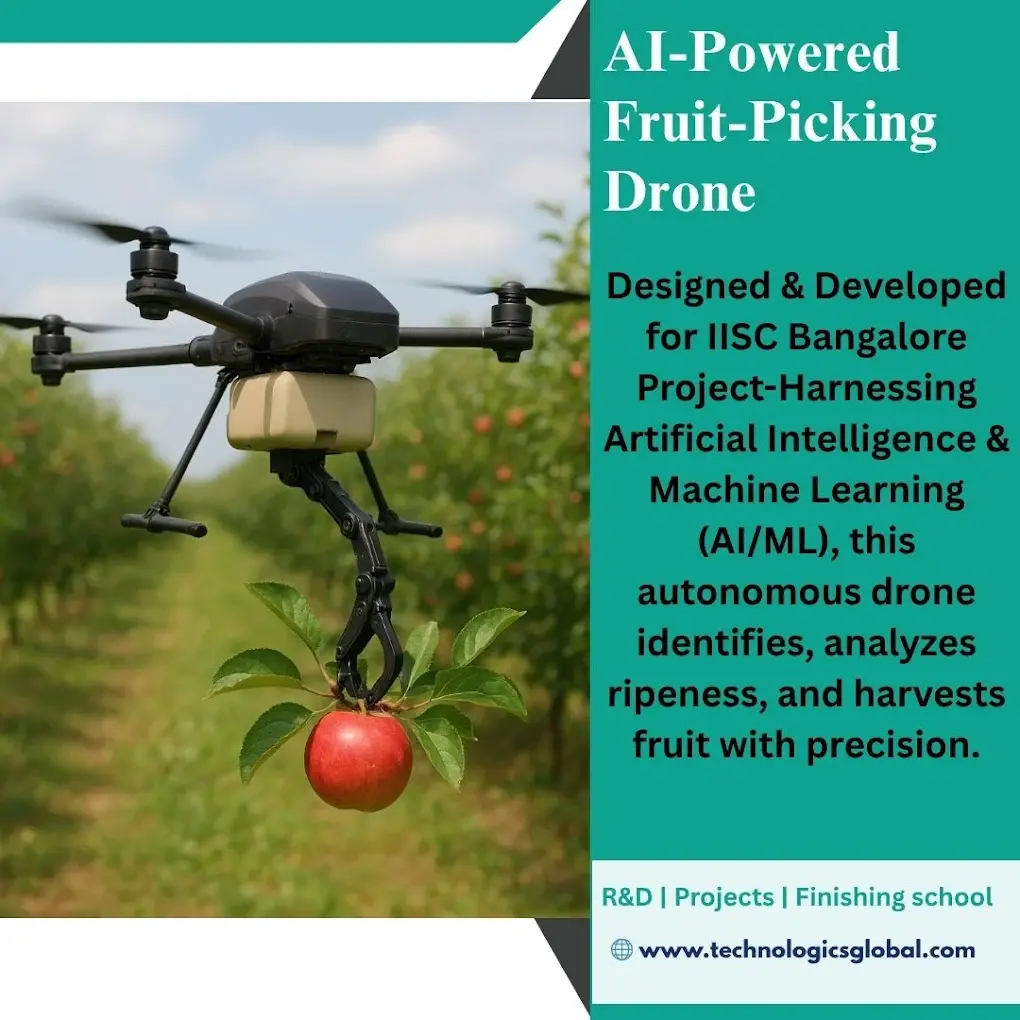 AI-powered autonomous fruit-picking drone designed and developed by Technologics Global for an IISc Bangalore project — it identifies fruit, analyses ripeness and harvests with precision