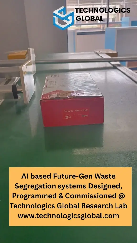 AI-based waste segregation conveyor sorting a package at the Technologics Global research lab