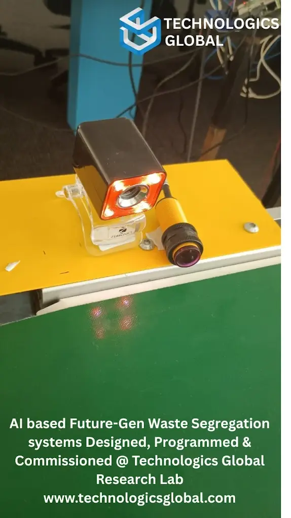 Machine vision camera and lens rig on the AI-based waste segregation line, designed, programmed and commissioned at the Technologics Global research lab