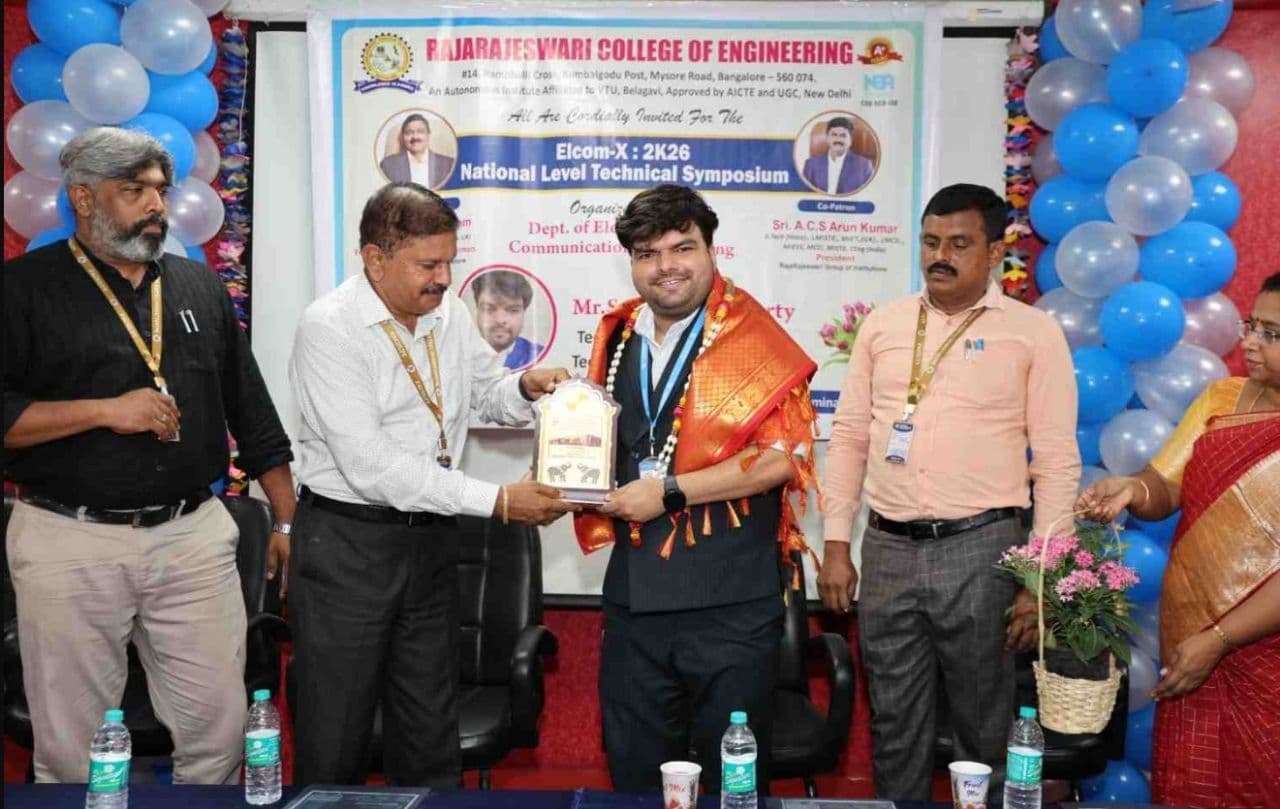 Technologics Global resource person felicitated at the Elcom-X 2026 symposium, Rajarajeswari College of Engineering