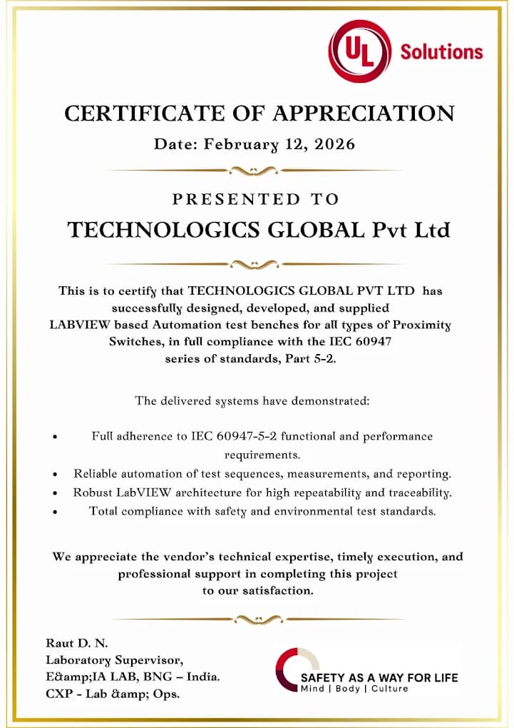 UL Solutions Certificate of Appreciation awarded to Technologics Global for LabVIEW-based automation test benches