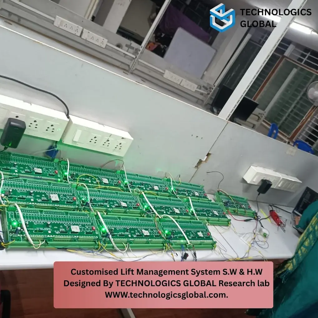 Batch of customised lift management system controller boards powered up on the bench at the Technologics Global research lab